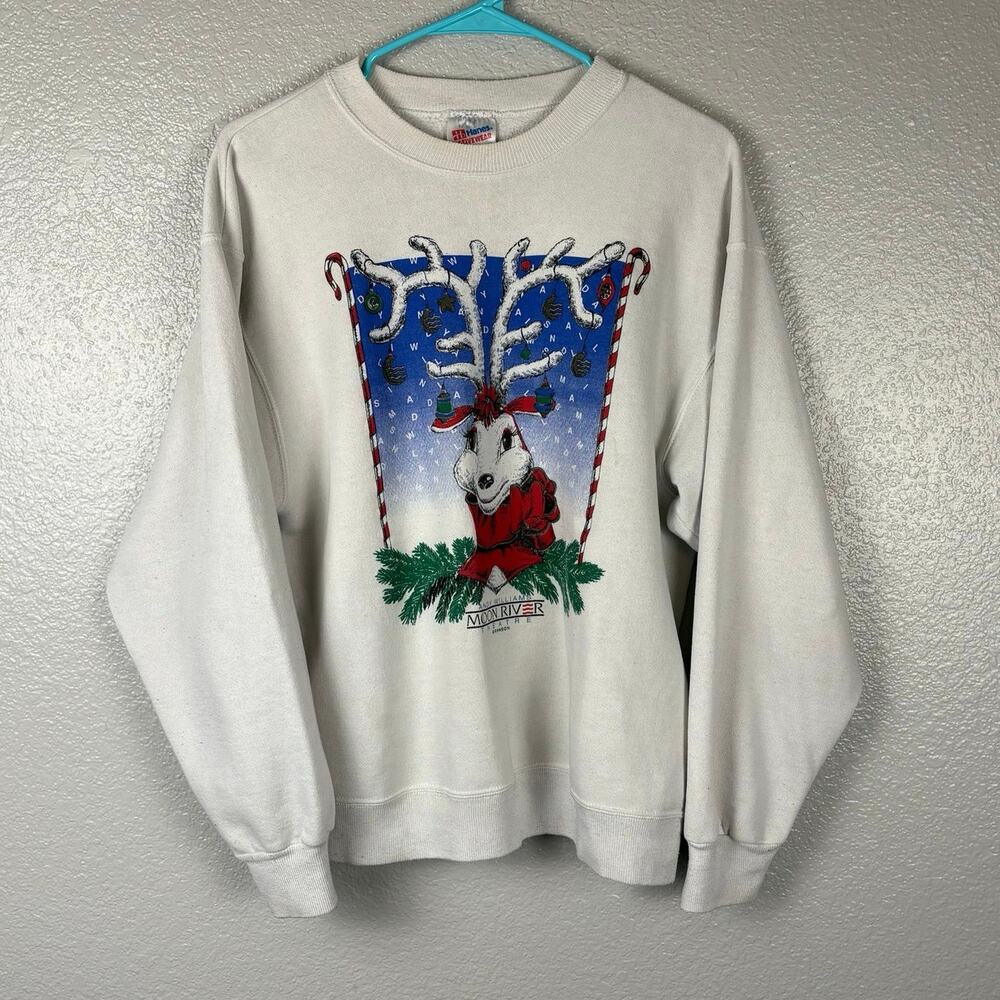 VTG Women’s Sz L Hanes Activewear White Christmas Reindeer Graphic Sweatshirt